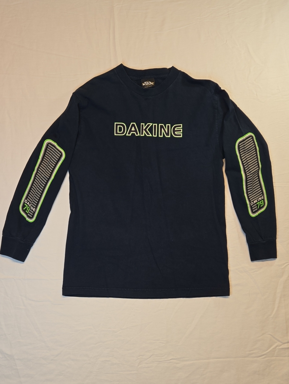 Dakine Navy Blue Long Sleeve Shirt with Neon Green Logo Accents Vintage Y2K
